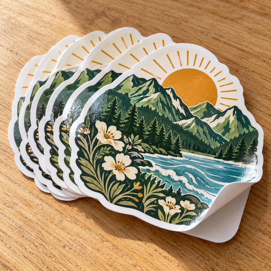 Realistic mockup: glossy mountain and wildflower die-cut vinyl stickers